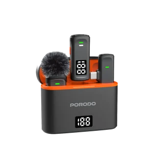 Porodo lavalier microphones black with Type‑C connector and Lightning adapter
