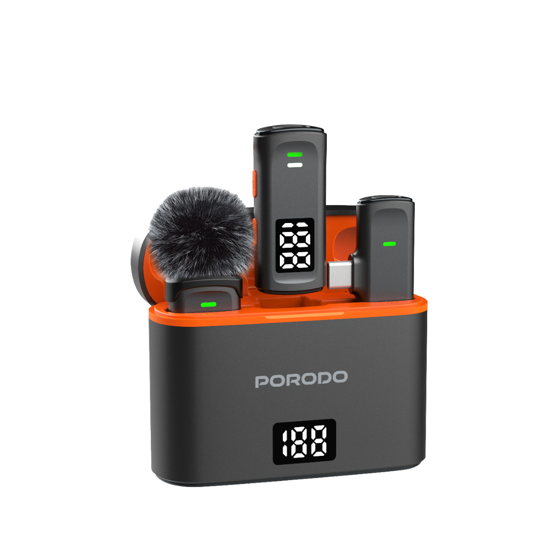 Porodo lavalier microphones black with Type‑C connector and Lightning adapter