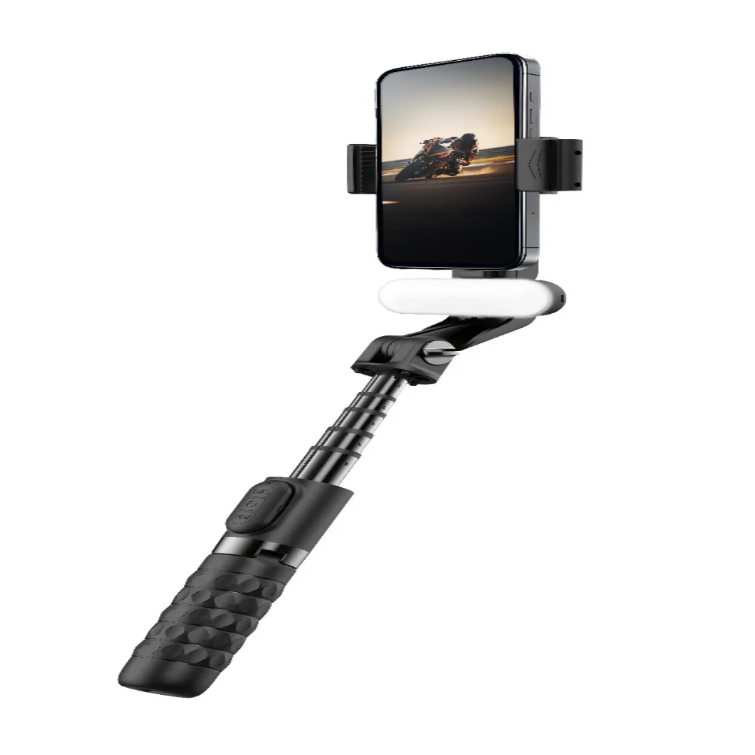 Porodo QuadBase gimbal stabilizer in black with tripod base and detachable light