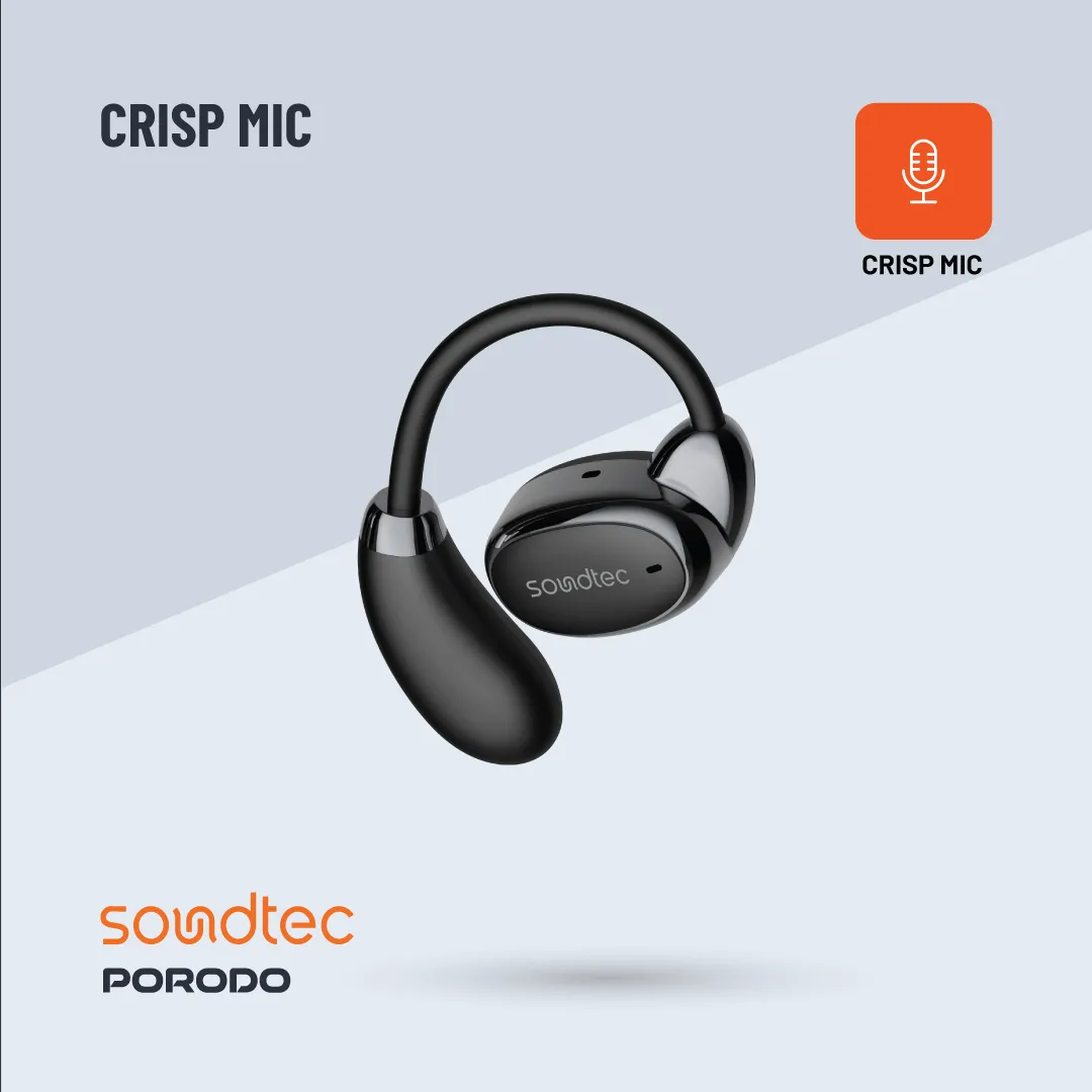 Porodo Soundtec AeroTune open‑ear wearable earbuds in black(packging)
