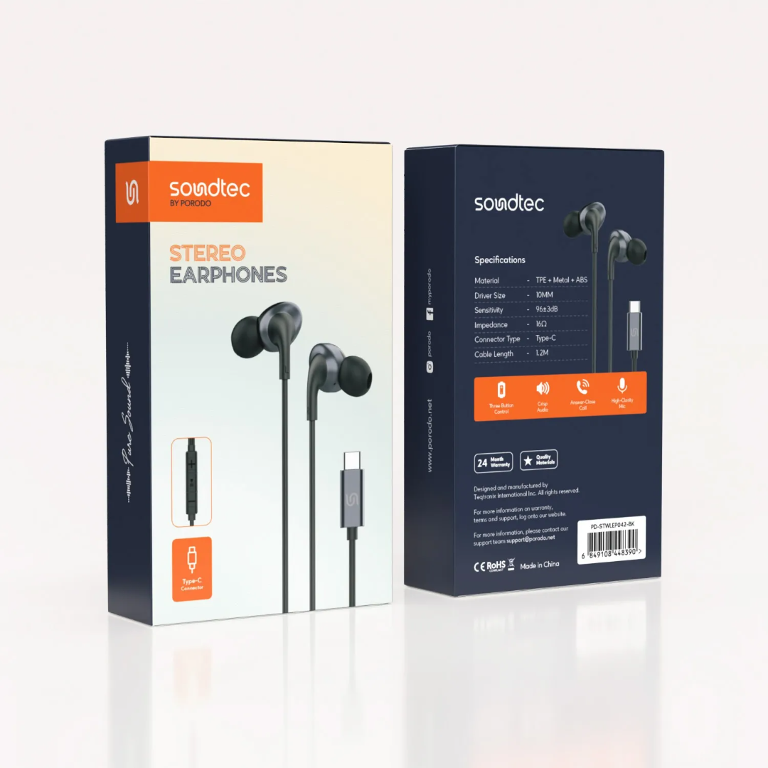 Porodo Soundtec Stereo Earphones – Type‑C,1.2m, Mic (Black) - Image 4