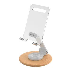 Porodo transparent rotating mobile and tablet stand in white with wooden base