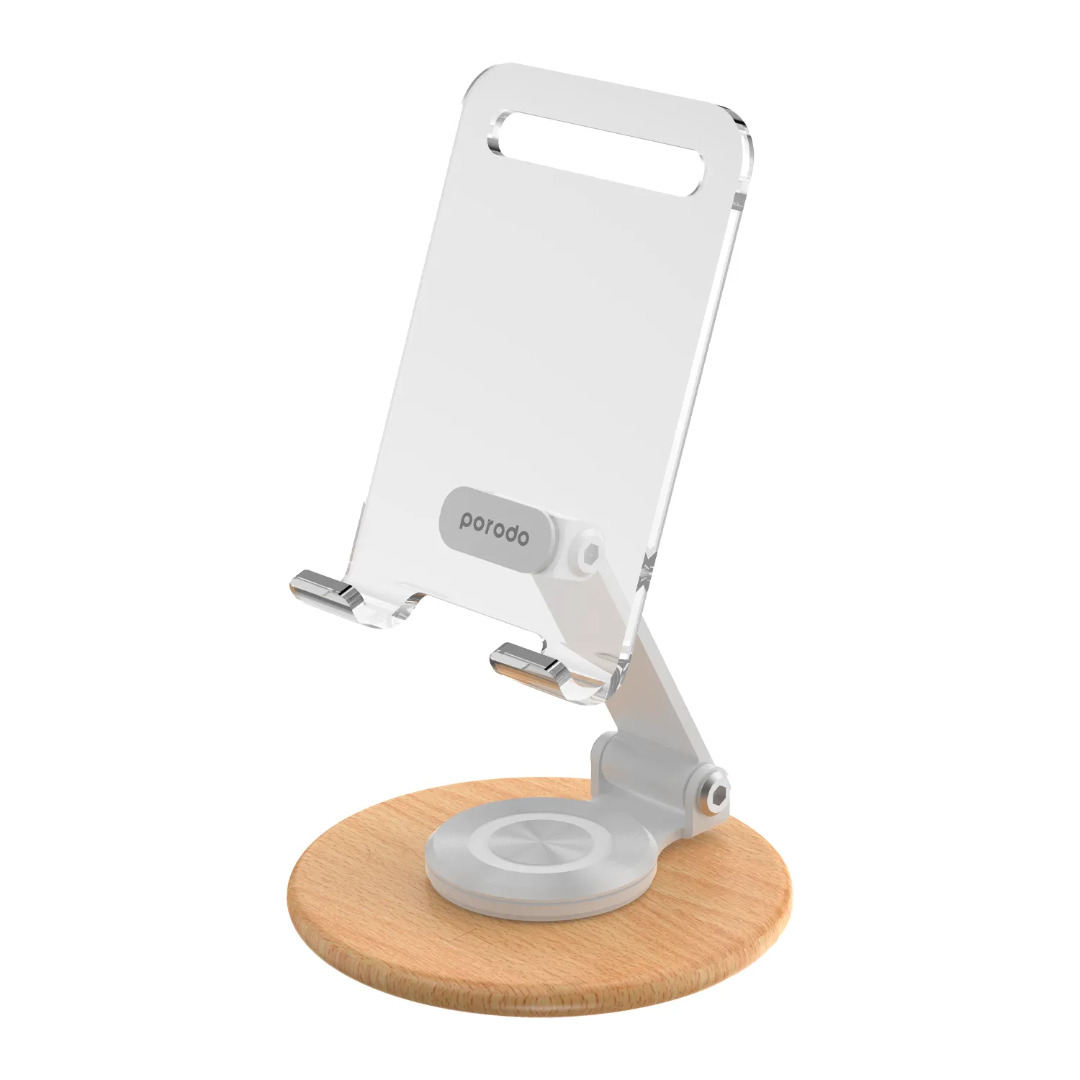 Porodo transparent rotating mobile and tablet stand in white with wooden base