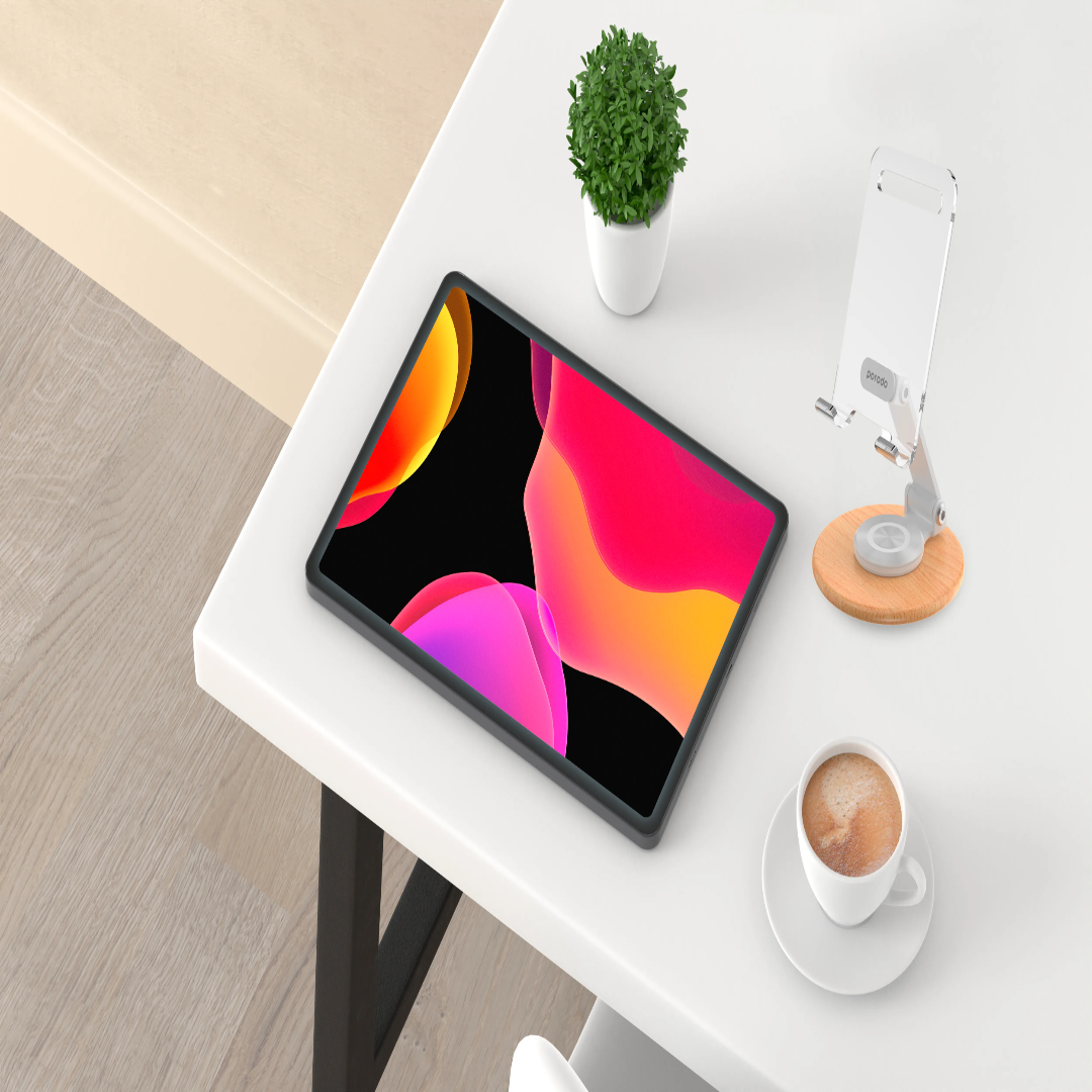 Porodo 360° Rotating Transparent Stand – Wooden Base (White) - Image 3