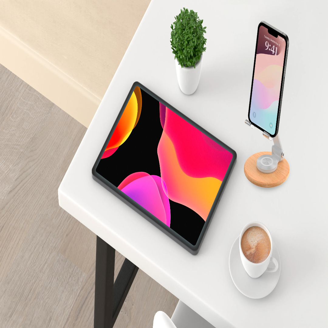 Porodo 360° Rotating Transparent Stand – Wooden Base (White) - Image 4