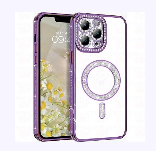 iphone 14 pro bling magsafe+lens case purple
