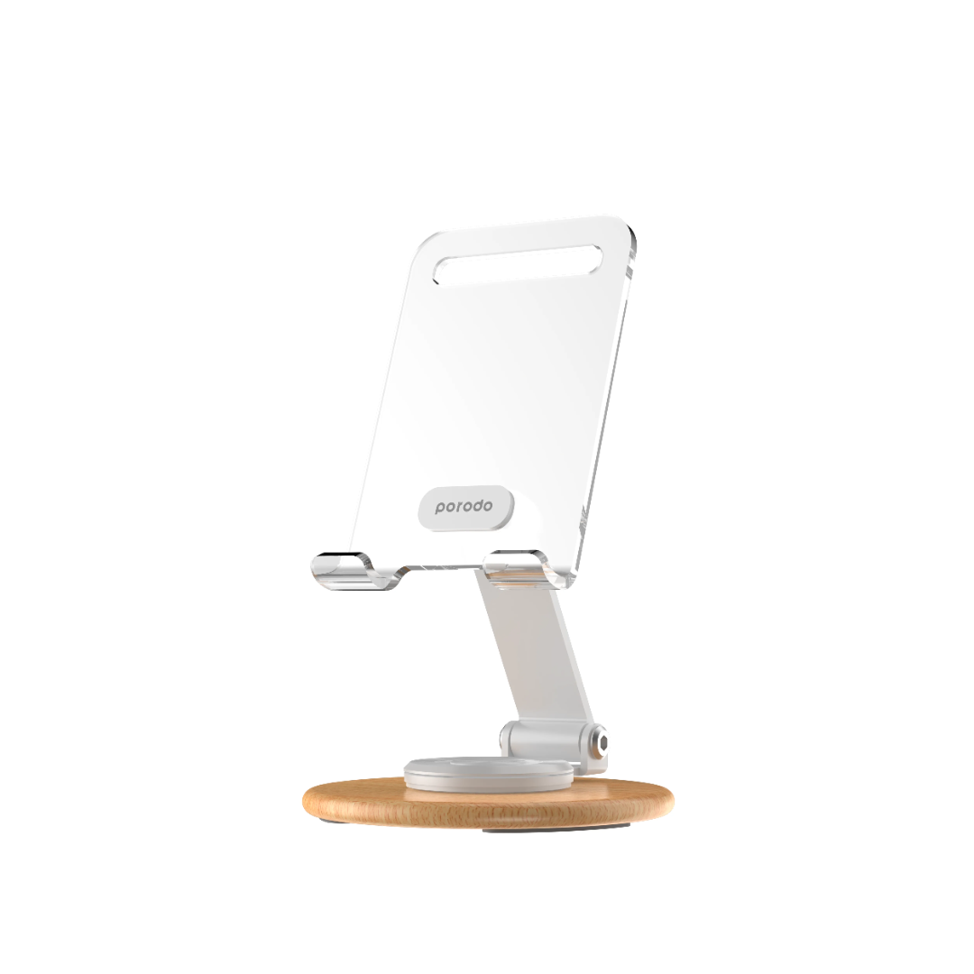 Porodo 360° Rotating Transparent Stand – Wooden Base (White) - Image 2