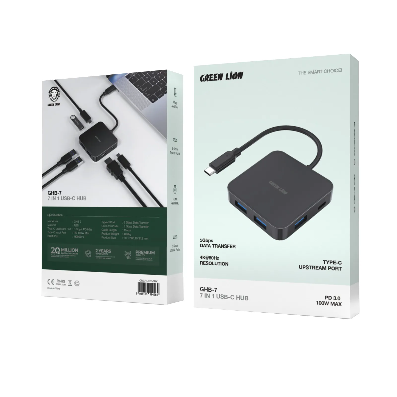 Green Lion GHB‑7 USB‑C Hub – 4K@60Hz HDMI, 100W PD (Black) - Image 3