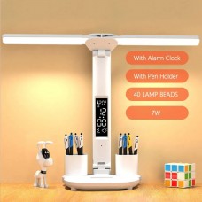 LED desk lamp with double head and fan digital time and temperature display pen holder